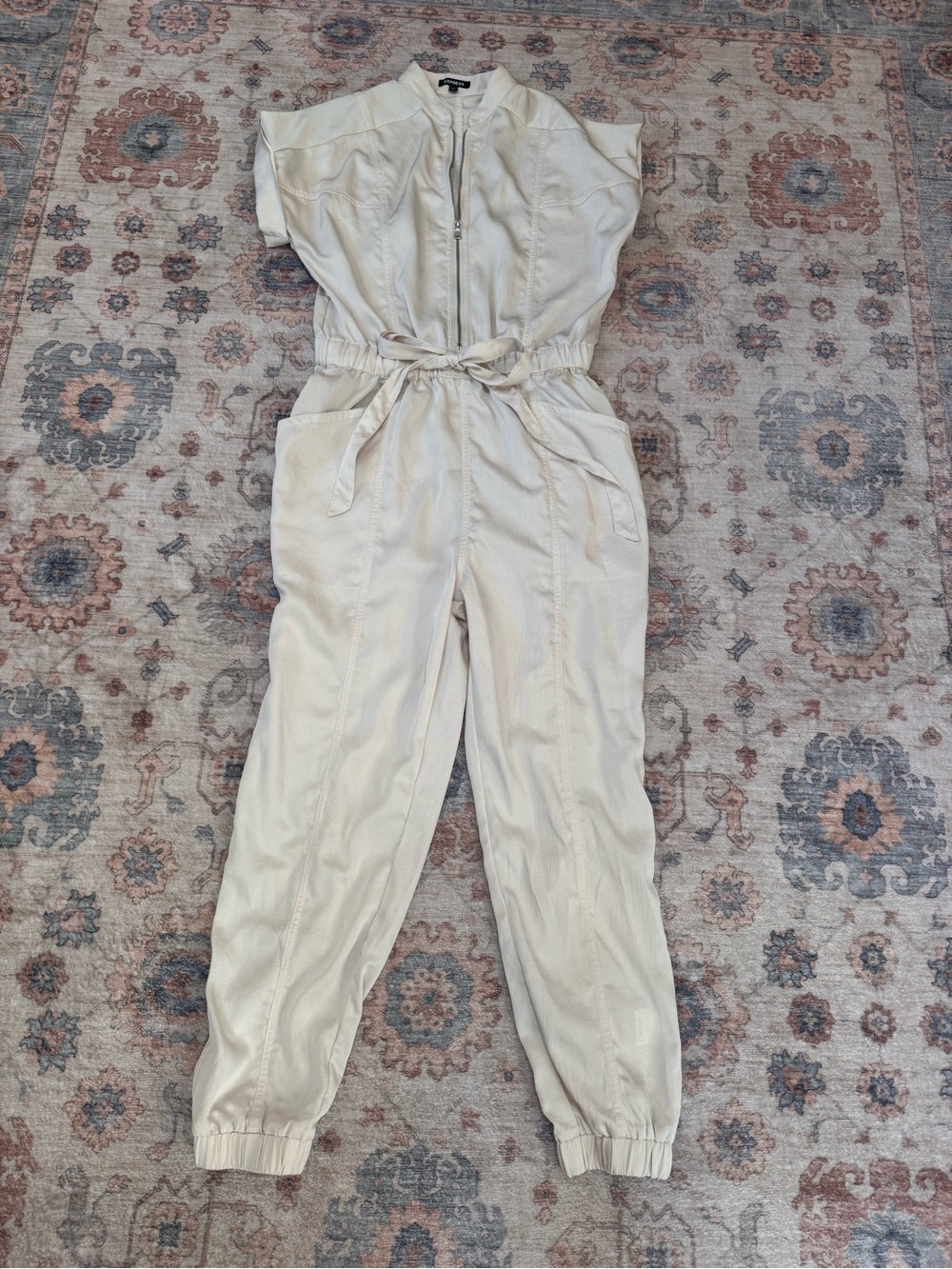 Express Cream Utility Jumpsuit with Tie Waist